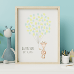 Giraffe baby shower fingerprint guest book on display