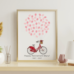 Red bike guest book personalized with retiree’s name and date