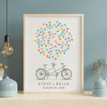 Tandem Bicycle Fingerprint Guest Book with colorful fingerprint balloons, personalized wedding keepsake art.