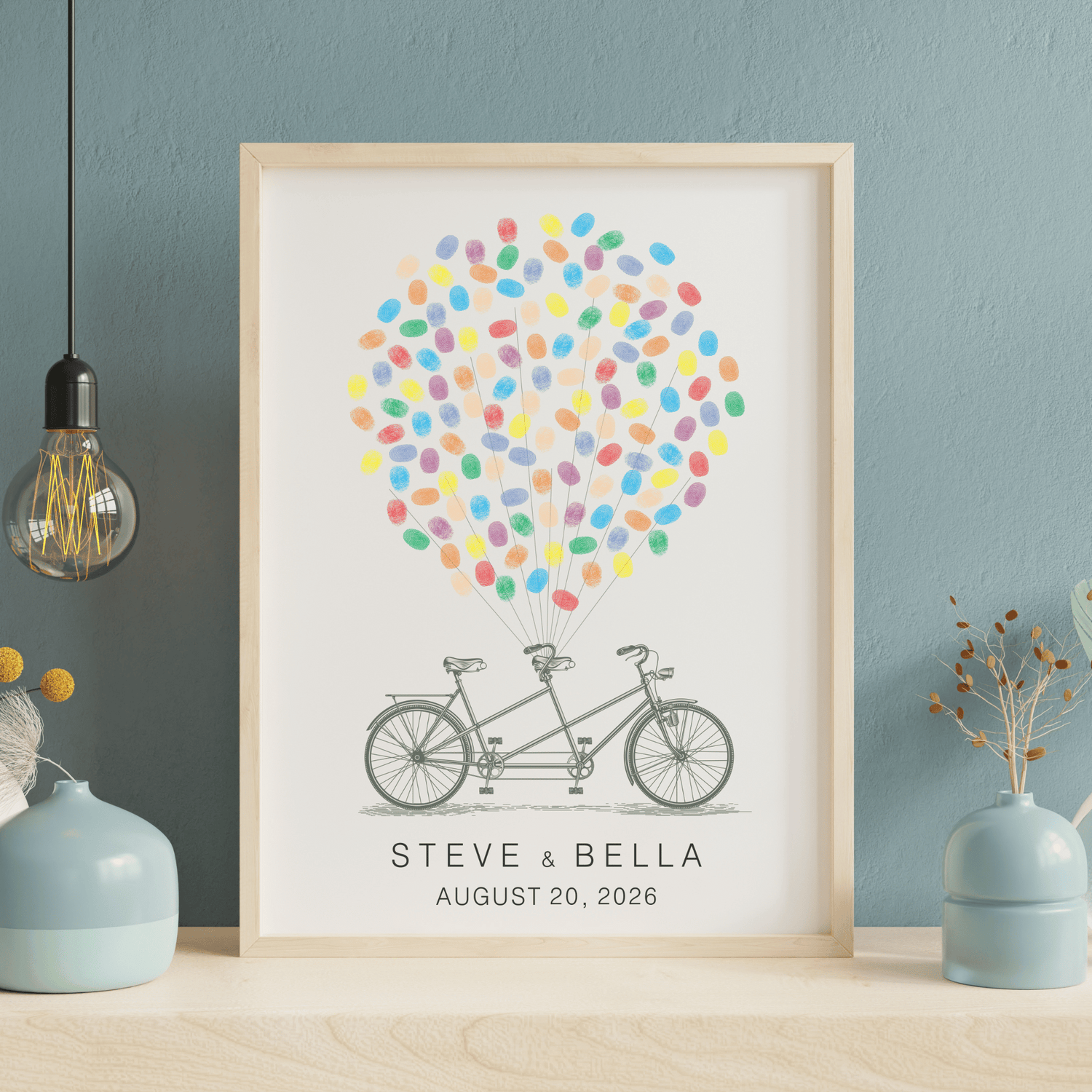 Tandem Bicycle Fingerprint Guest Book with colorful fingerprint balloons, personalized wedding keepsake art.