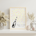 Champagne Bottle Fingerprint Guest Book with colorful fingerprint ‘bubbles’ and guests’ signatures, wedding keepsake art