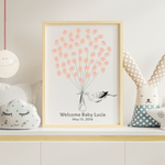 Stork Baby Shower Guest Book featuring colorful thumbprint balloon keepsake design