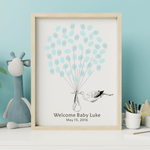 Stork carrying baby fingerprint balloon guest book artwork with colorful thumbprint balloons, gender neutral design for baby shower or gender reveal.
