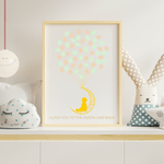 Fingerprint balloon baby shower guest book with moon and stars illustration – personalized for baby boy or girl