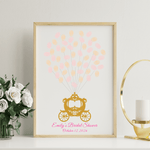 Personalized princess carriage guest book displayed in a gold frame on a nursery wall with fairy tale decor.