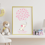 Fingerprint elephant guest book for baby girl shower with pink balloon design and signature space