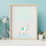 Elephant thumbprint guest book for baby boy shower with blue fingerprint balloons and signature space