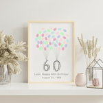 60th years birthday gift idea, Personalized guest book print featuring a large number lifted by colorful fingerprint balloons