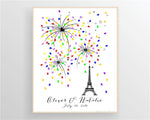 Eiffel Tower themed fingerprint guest book with vibrant fireworks, with personalized name and date