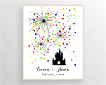Princess themed Wedding Guest Book featuring Castle and colorful fingerprint fireworks