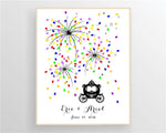 Fairy Tale Wedding Guest Book featuring Princess Carriage and colorful fingerprint fireworks