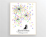 Personalized Fireworks Fingerprint Guest Book Alternative with couple silhouette and colorful thumbprints for weddings.
