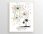 Beach wedding guest book alternative featuring palm trees and colorful fingerprint fireworks.