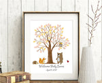 Baby Shower Guest Book Fingerprint Tree with Woodland Animals - Bear, Fox, Owl, Hedgehog & Ladybug