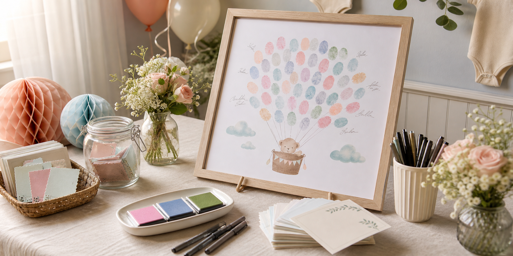 Baby shower guest book alternatives table with pastel fingerprint keepsake poster, advice cards, ink pads, and pens.