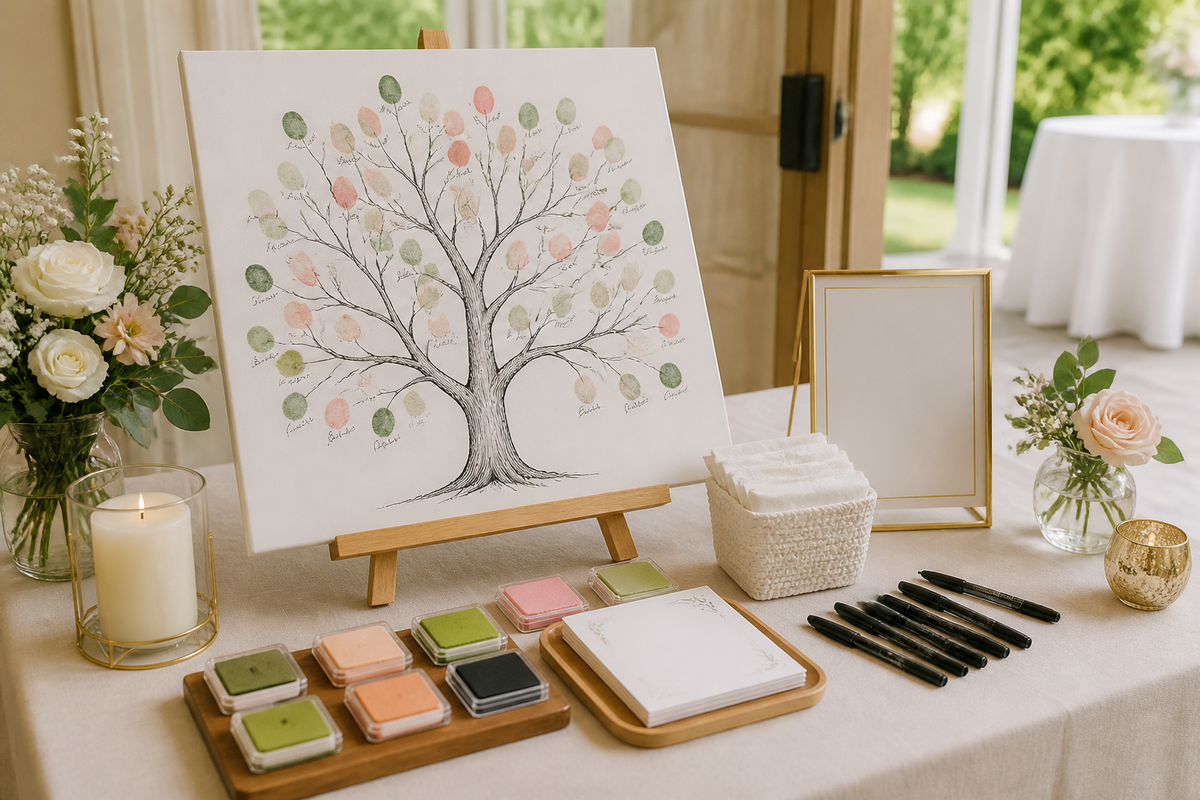 Fingerprint guest book station with thumbprint tree poster, ink pads, pens, wipes, and handwritten signatures.