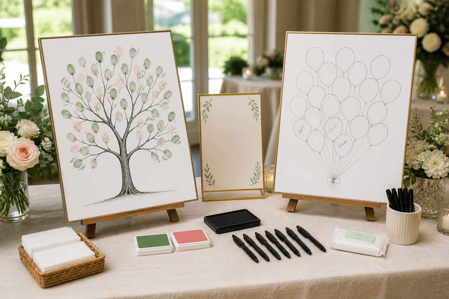 Fingerprint guest book and signature balloons guest book displayed side by side with ink pads, pens, wipes, and handwritten signatures.