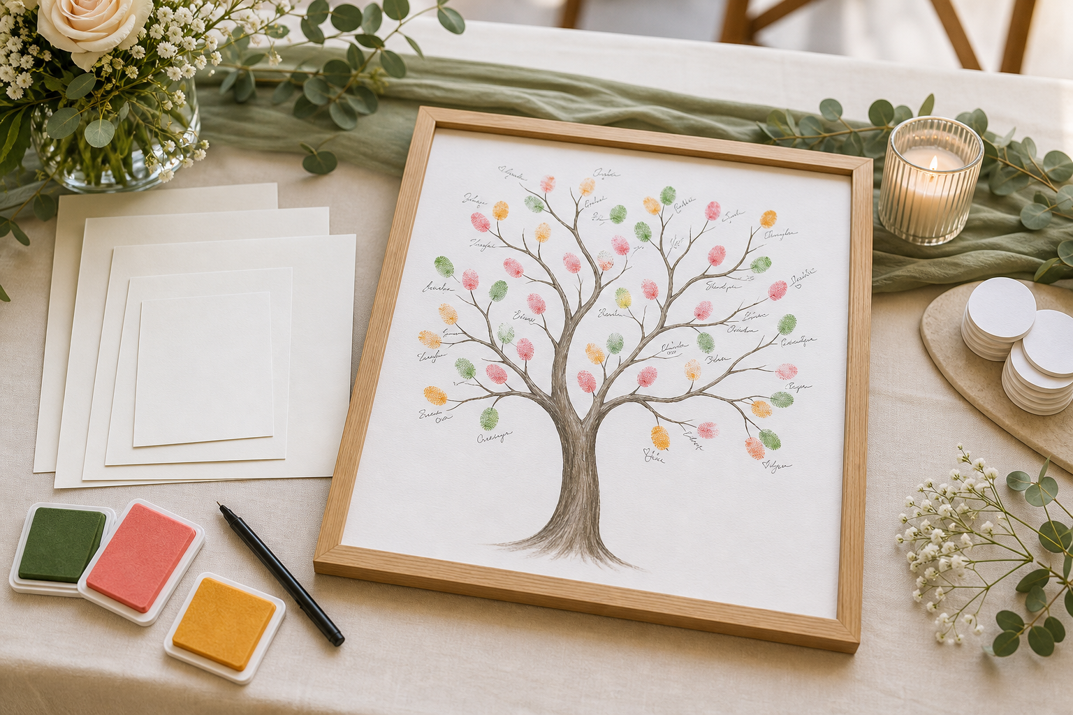 Fingerprint tree guest book displayed with colorful fingerprints, handwritten signatures, ink pads, and sample paper sizes.