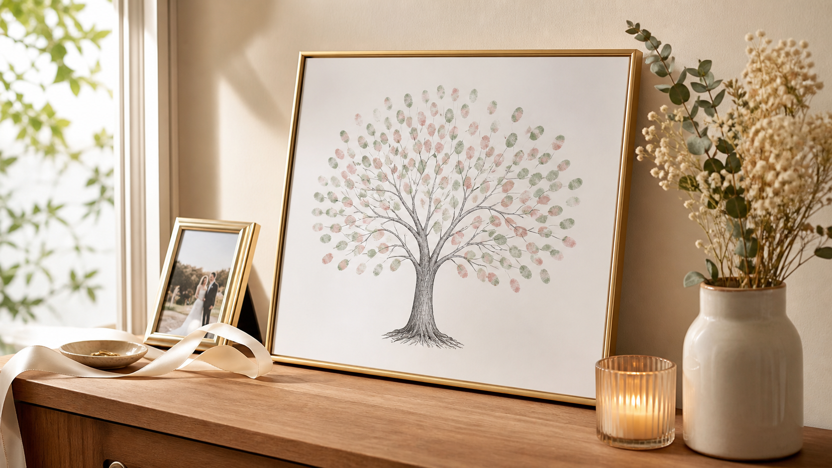 Framed wedding guest book keepsake displayed as home decor after the wedding.