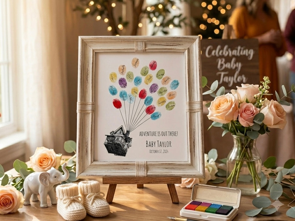 BonjourEmma baby shower guest book collection featuring fingerprint trees and balloon keepsake designs