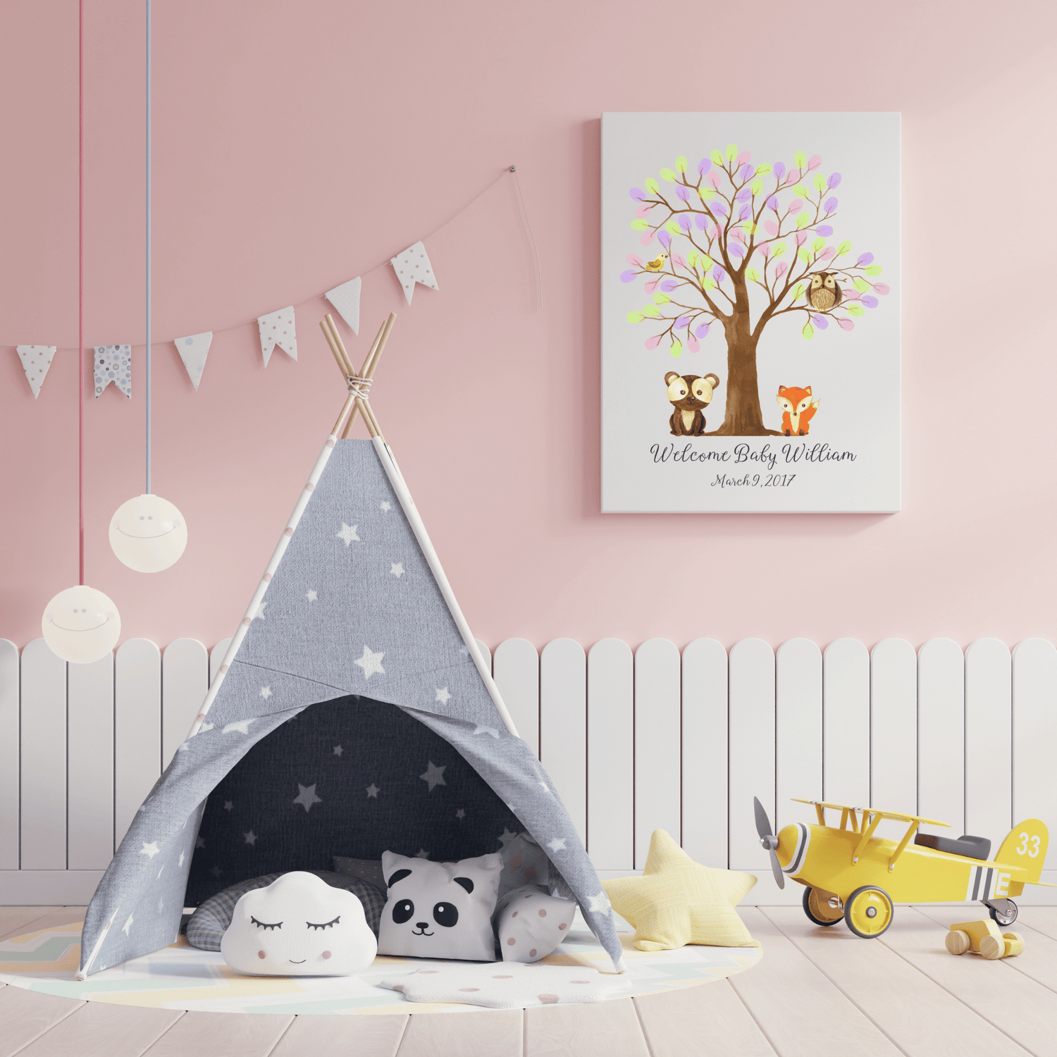 woodland baby shower thumbprint tree
