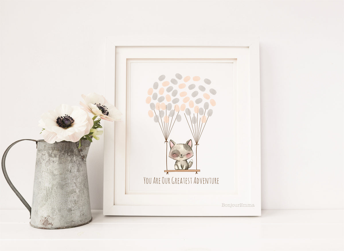 Cat on swing fingerprint balloon guest book – personalized for baby shower, baptism, or birthday celebration