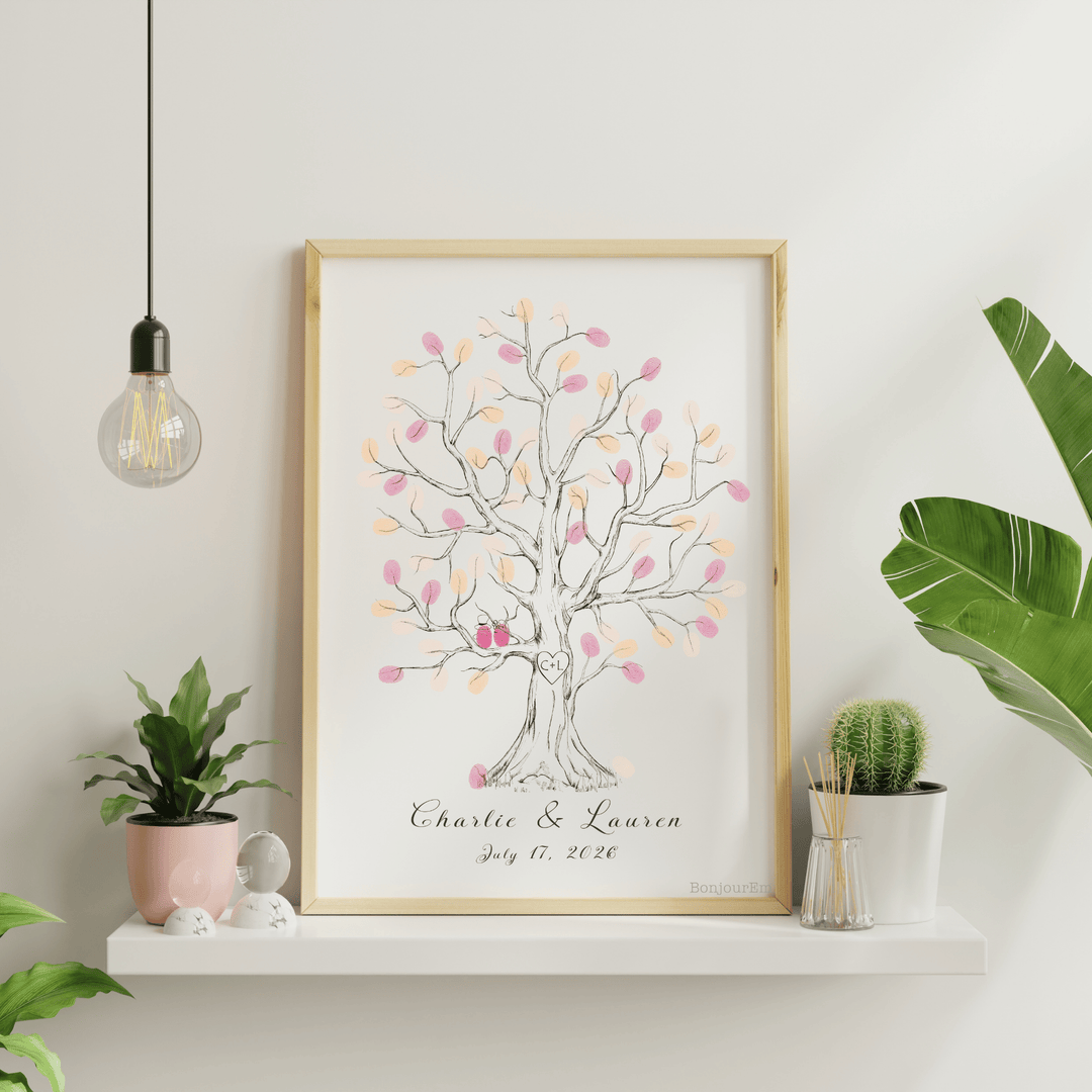 Wedding fingerprint tree guest book with love birds – hand-drawn thumbprint keepsake for newlyweds
