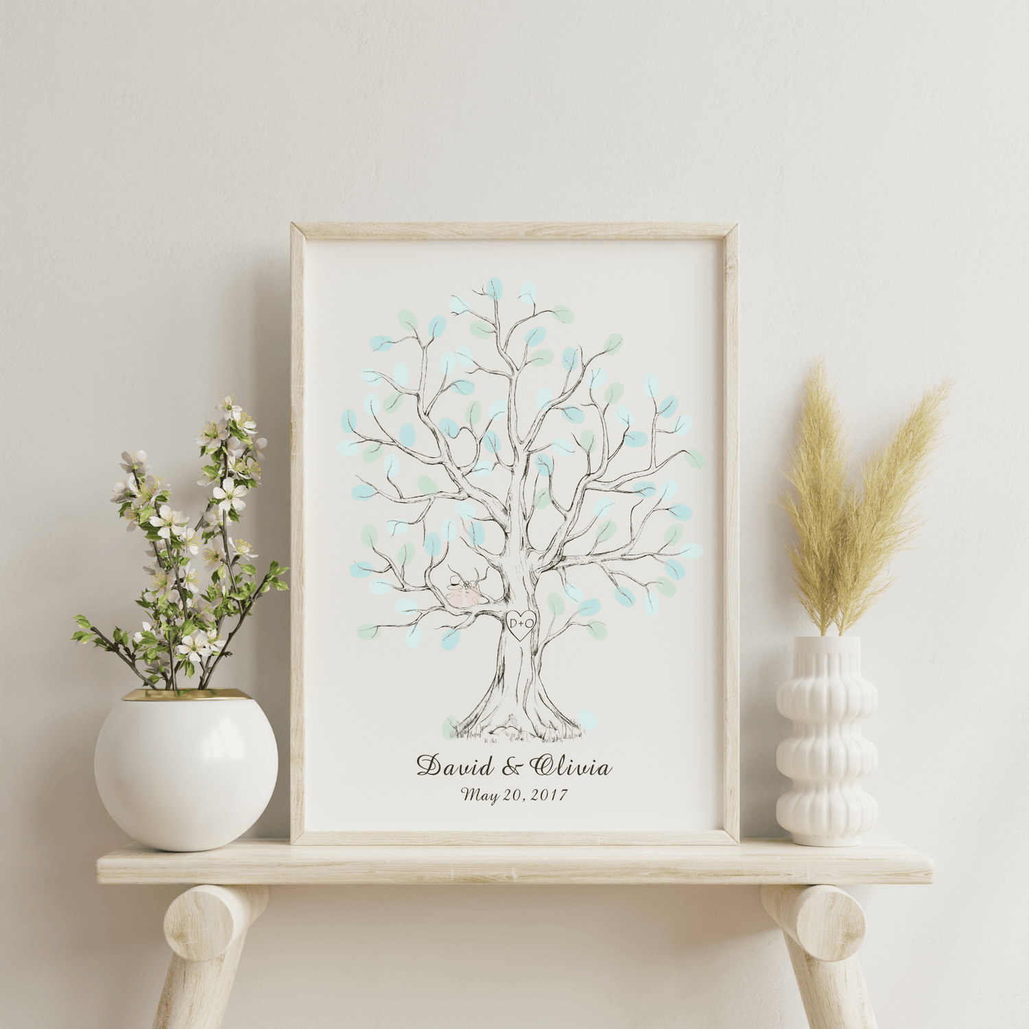 Hand-Drawn Wedding Fingerprint Tree with Love Birds Guest Book Alternative featuring customizable couple names.
