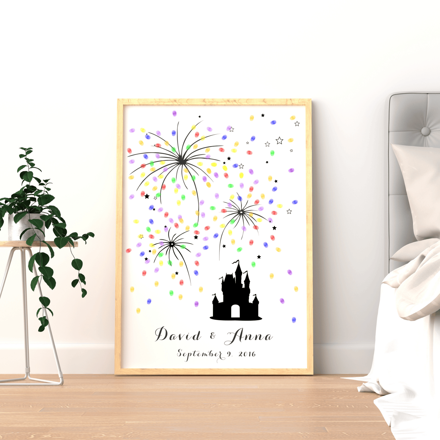 Princess themed Wedding Guest Book featuring Castle and colorful fingerprint fireworks