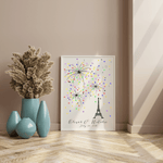 Eiffel Tower themed guest book with vibrant fingerprints fireworks, with personalized name and date