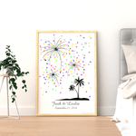 Beach Wedding Guest Book Alternative featuring palm trees and colorful fingerprint fireworks.