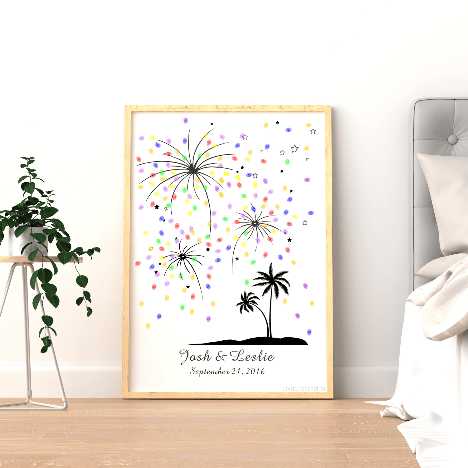 Beach Wedding Guest Book Alternative featuring palm trees and colorful fingerprint fireworks.