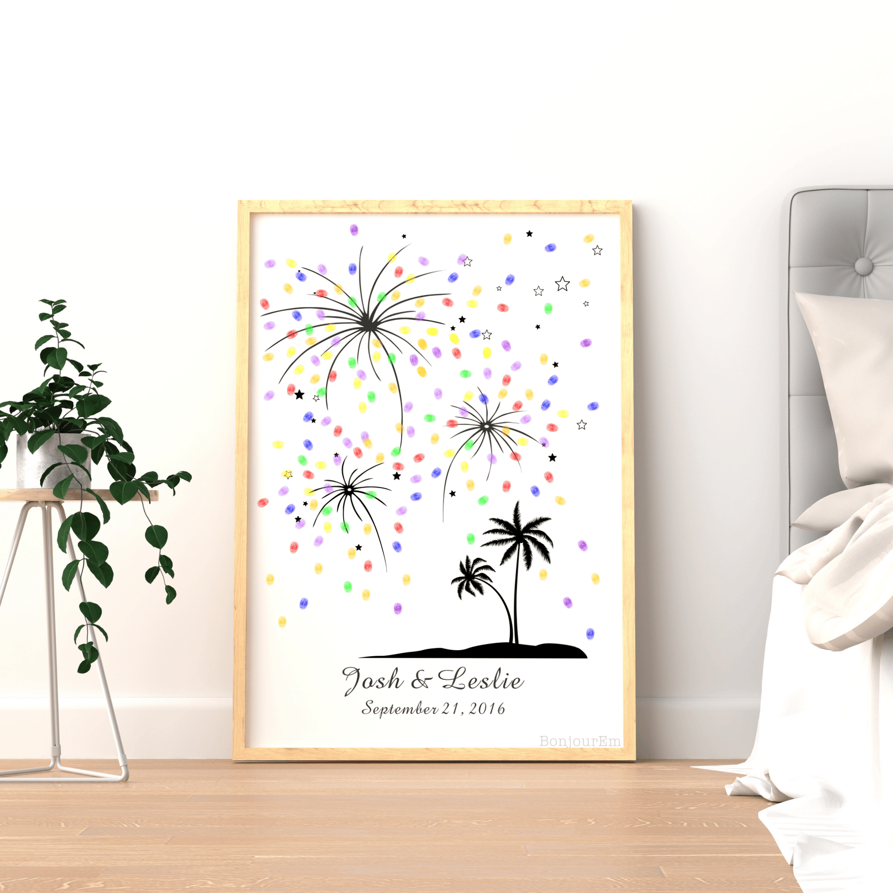 Beach Wedding Guest Book Alternative featuring palm trees and colorful fingerprint fireworks.