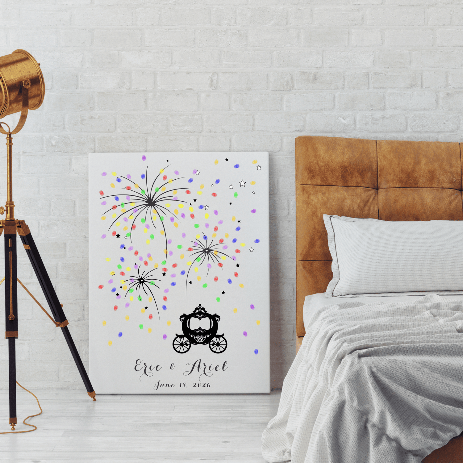 Fairy Tale Wedding Guest Book with Princess Carriage and colorful fingerprint fireworks design.