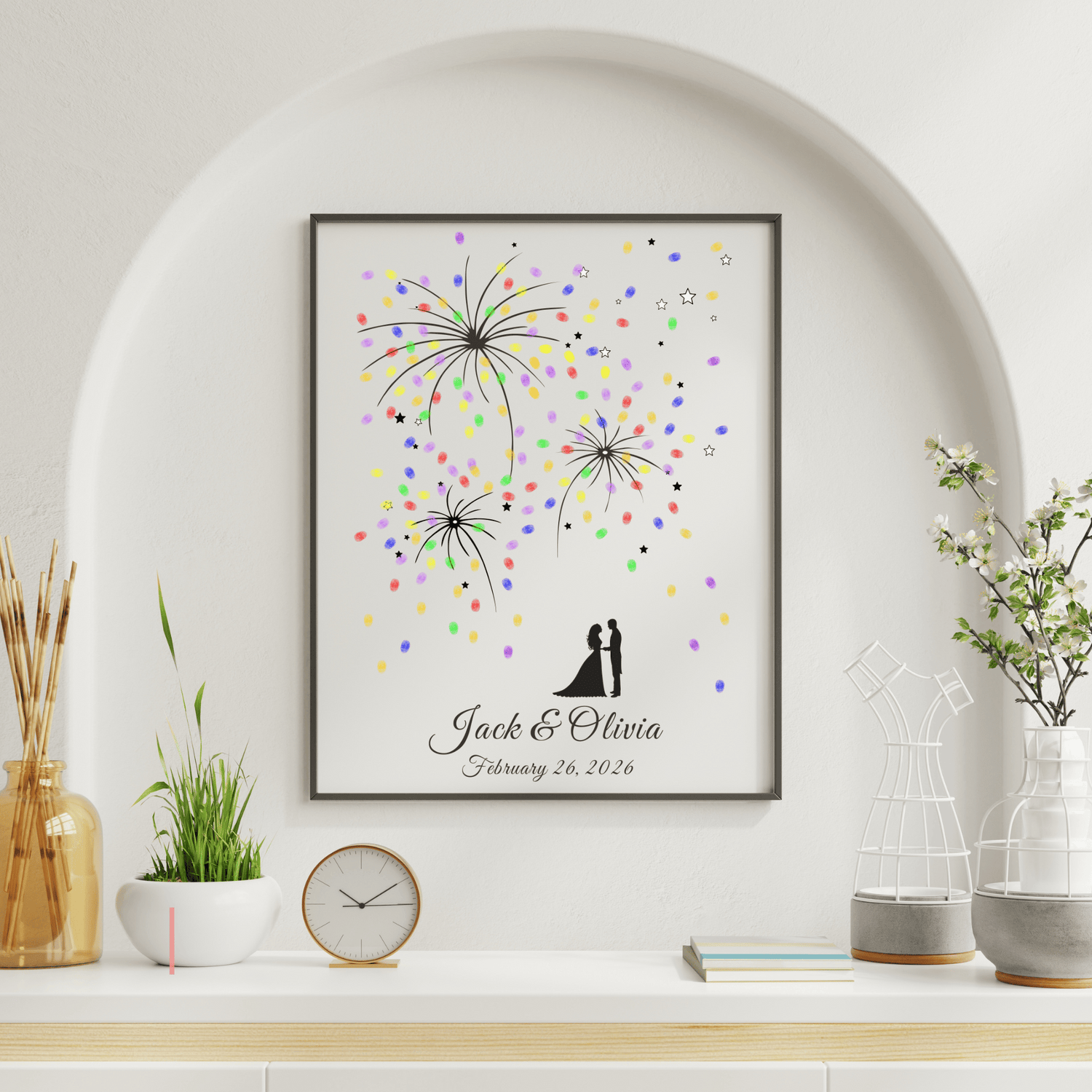 Personalized Fireworks Fingerprint Guest Book with couple silhouette, colorful thumbprints, celebrating love.