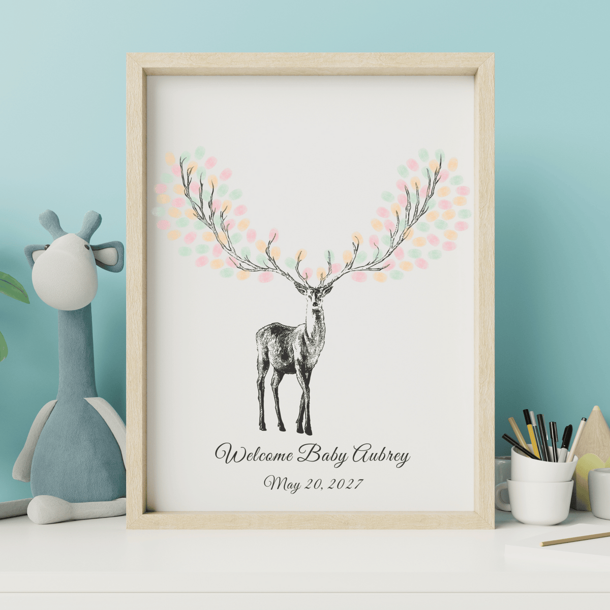 Deer Antler Fingerprint Guest Book Alternative for Baby Shower, Baptism, Christening with personalized art.
