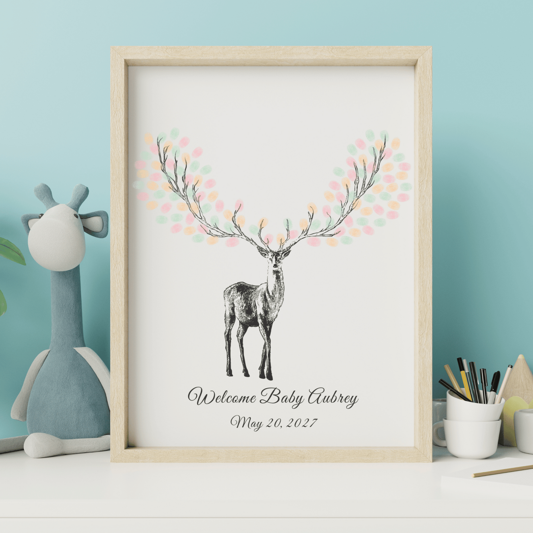 Deer Antler Fingerprint Guest Book Alternative for Baby Shower, Baptism, Christening with personalized art.