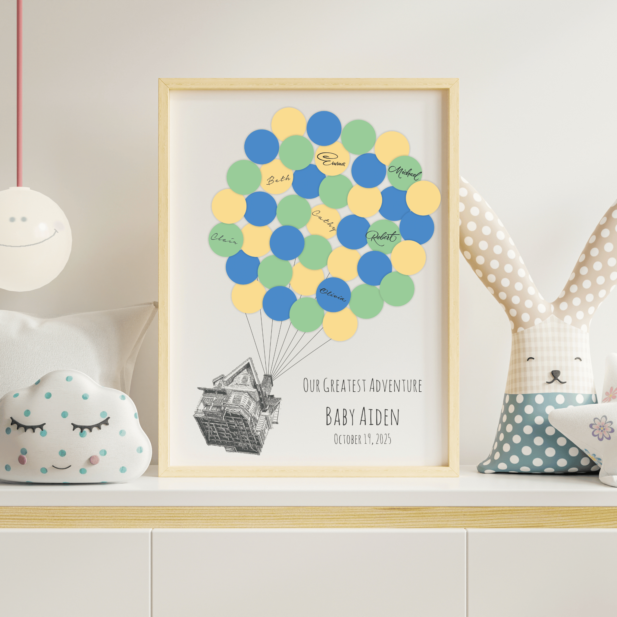 Personalized Up House guest book print with colorful signature balloons, perfect baby shower keepsake and decoration