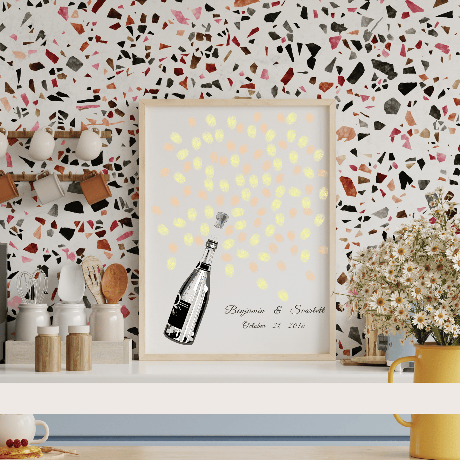 Champagne Bottle Fingerprint Guest Book showing fingerprints as bubbles on bottle illustration.