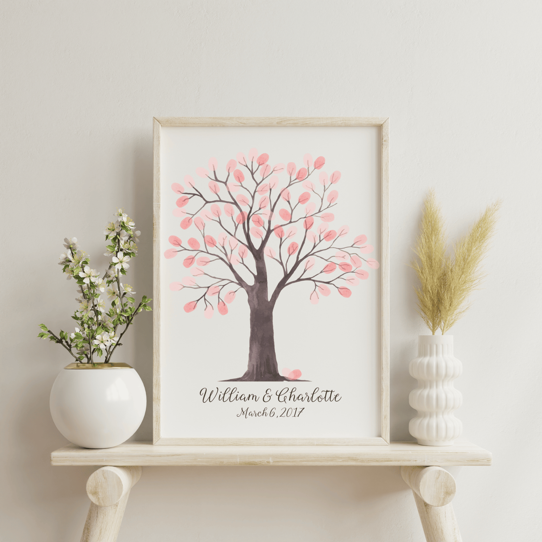 Watercolor fingerprint tree guest book with personalized names and date