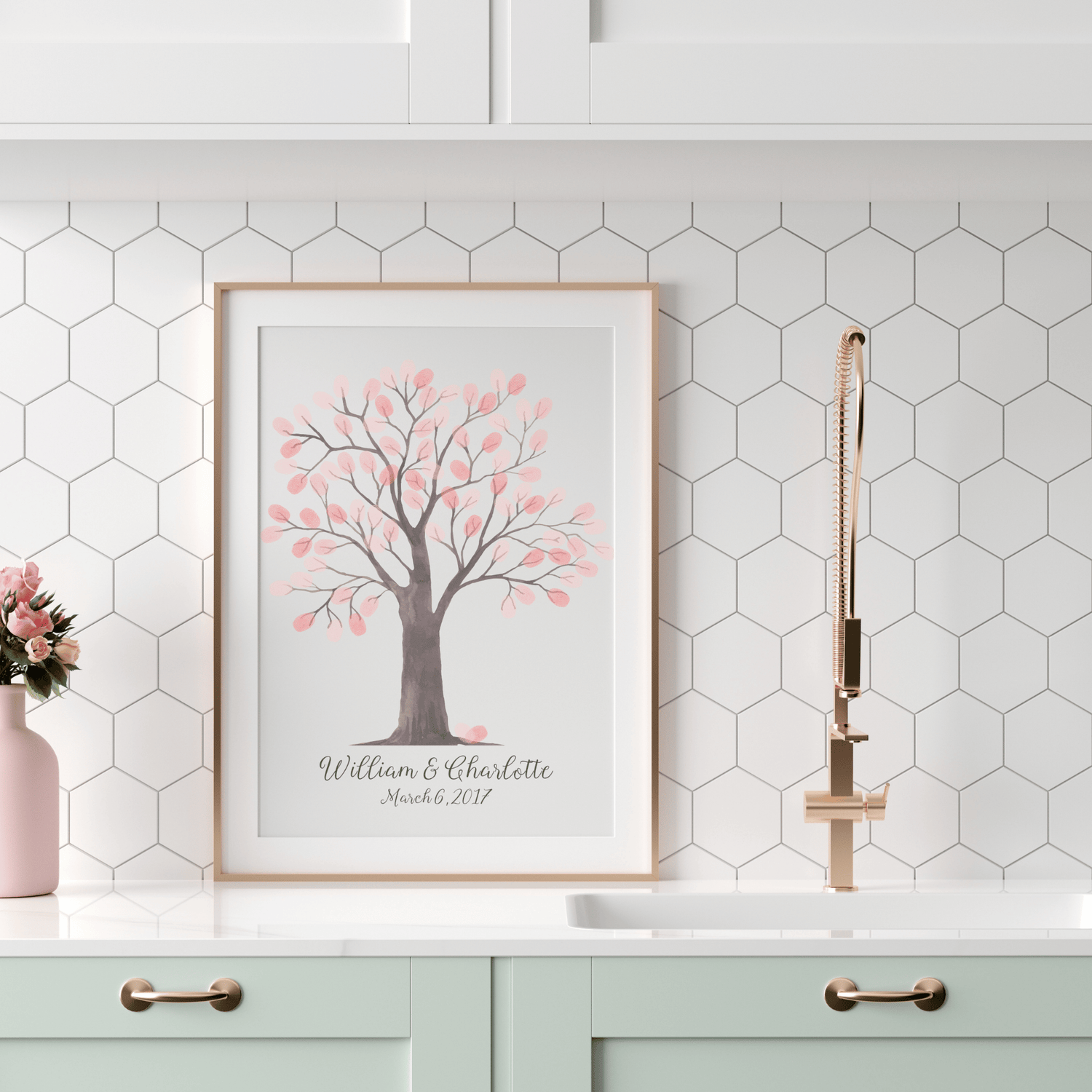 Watercolor fingerprint tree guest book with personalized names and date