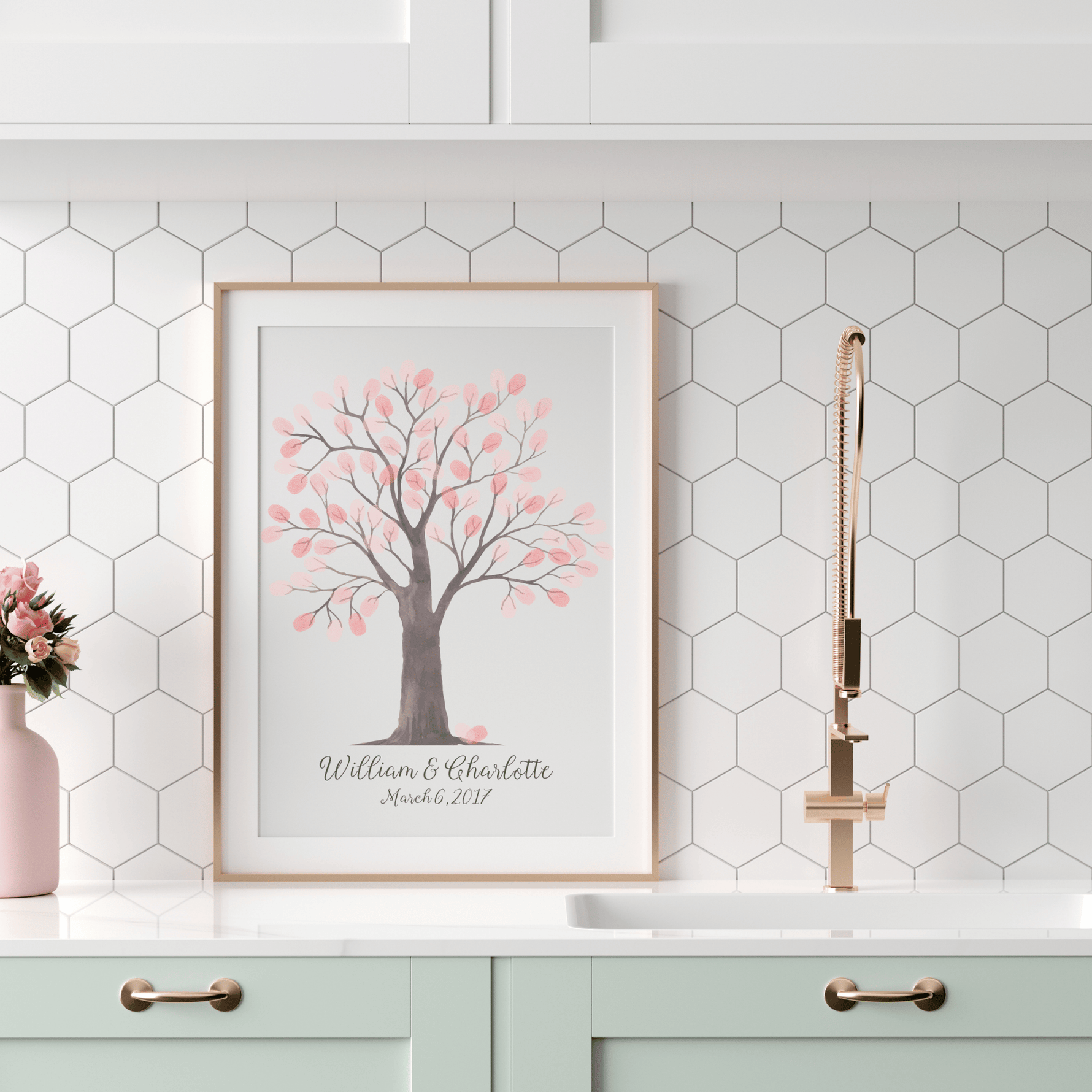 Watercolor fingerprint tree guest book with personalized names and date