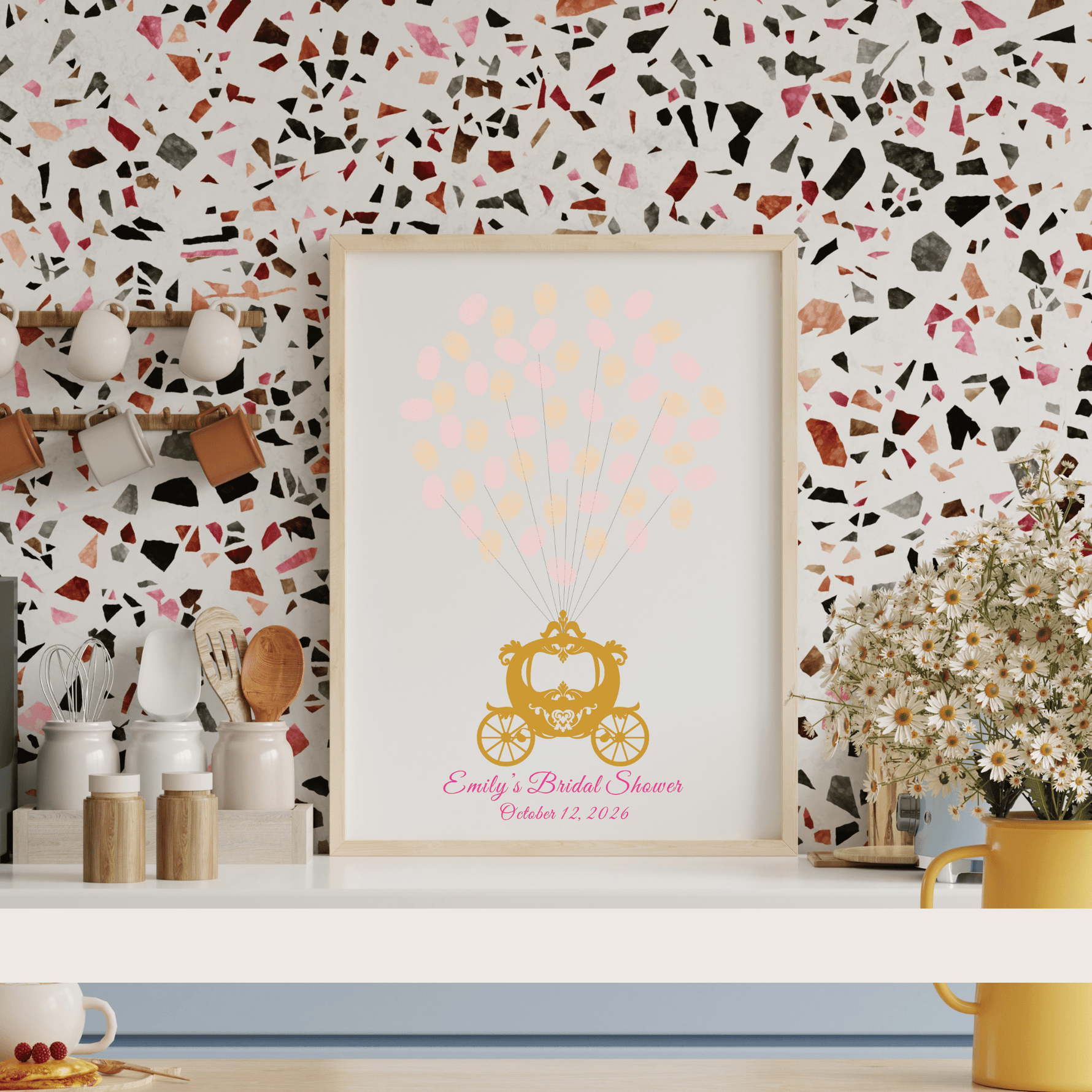 Whimsical guest book with a carriage and signed balloons, framed and displayed in a cozy bridal suite or home setting.