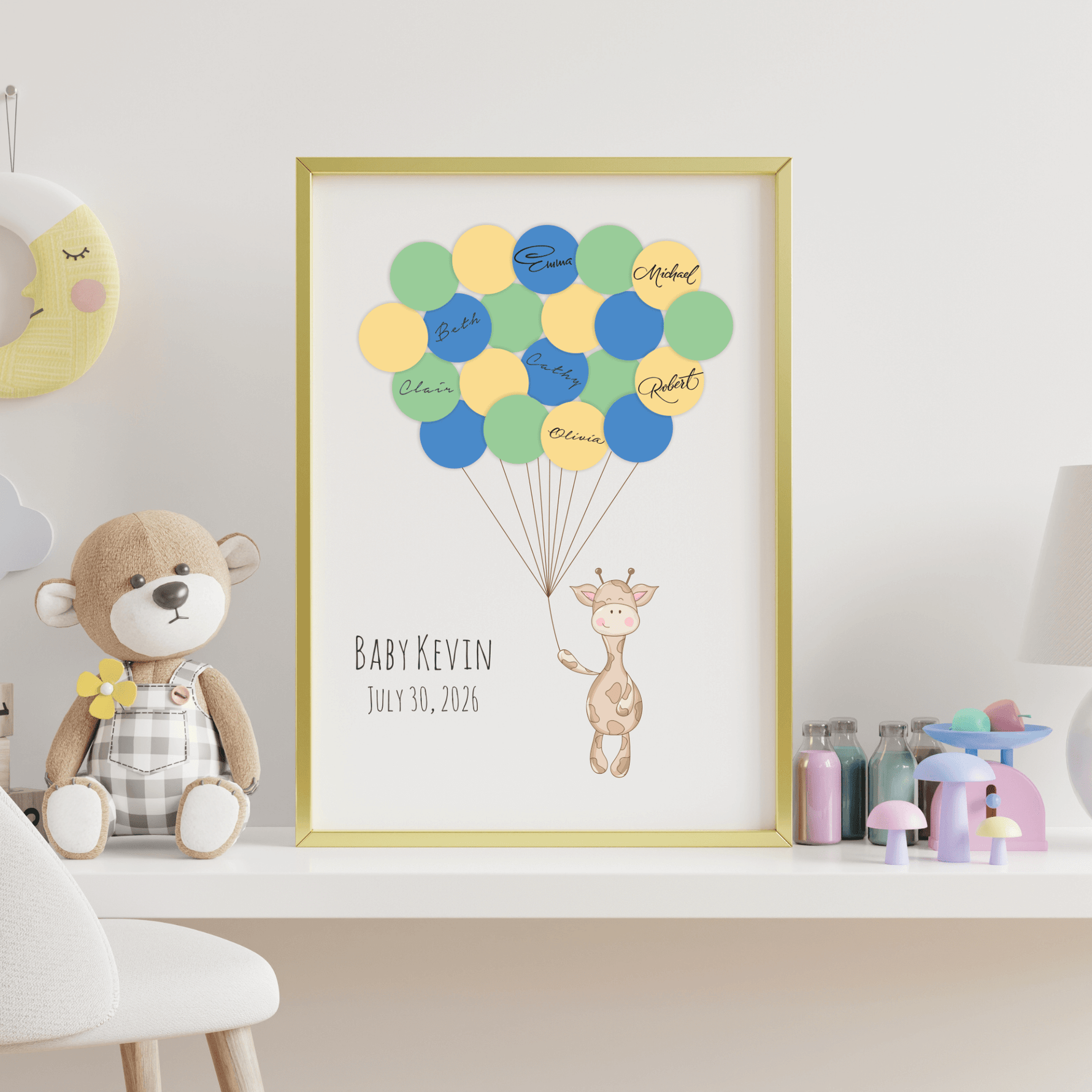 Close-up of giraffe guest book print with personalized name and date