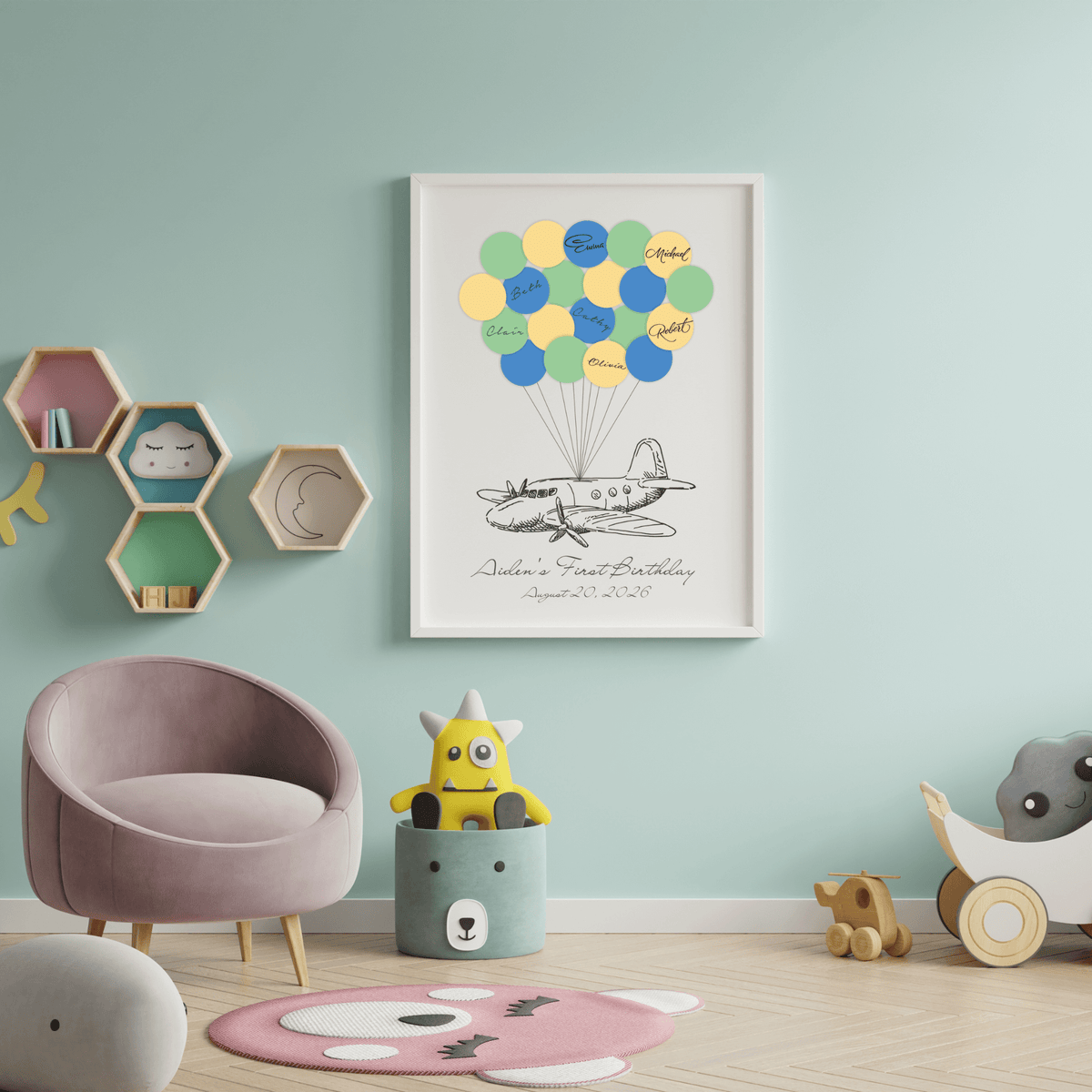 personalized airplane guest book print with name and date in nursery