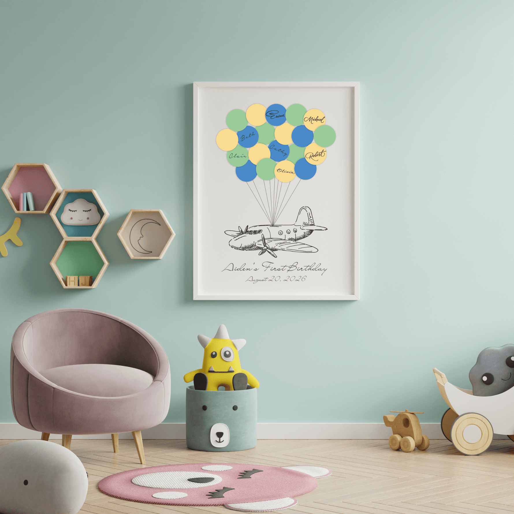 personalized airplane guest book print with name and date in nursery
