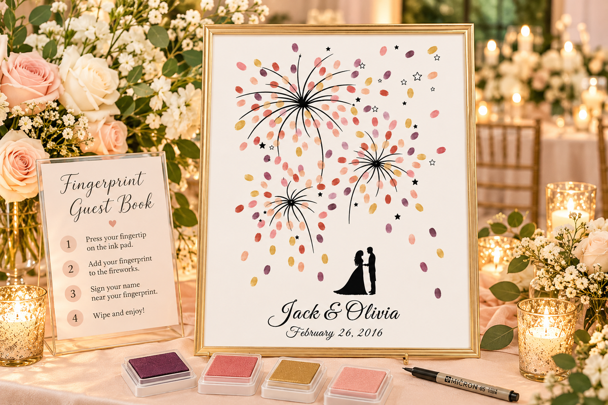 Livre d'or alternatif avec empreintes digitales Feux d'artifice – Souvenir personnalisé pour jeunes mariés