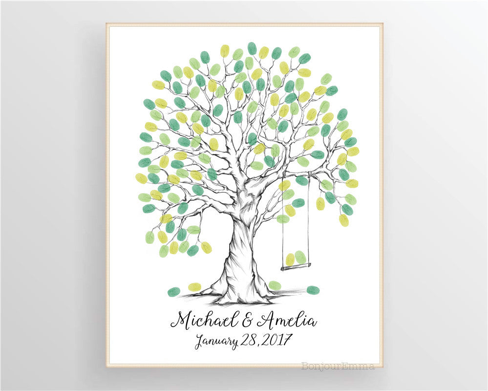 Livre d'or de mariage Arbre à empreintes digitales – Arbre à empreintes digitales dessiné à la main avec balançoire