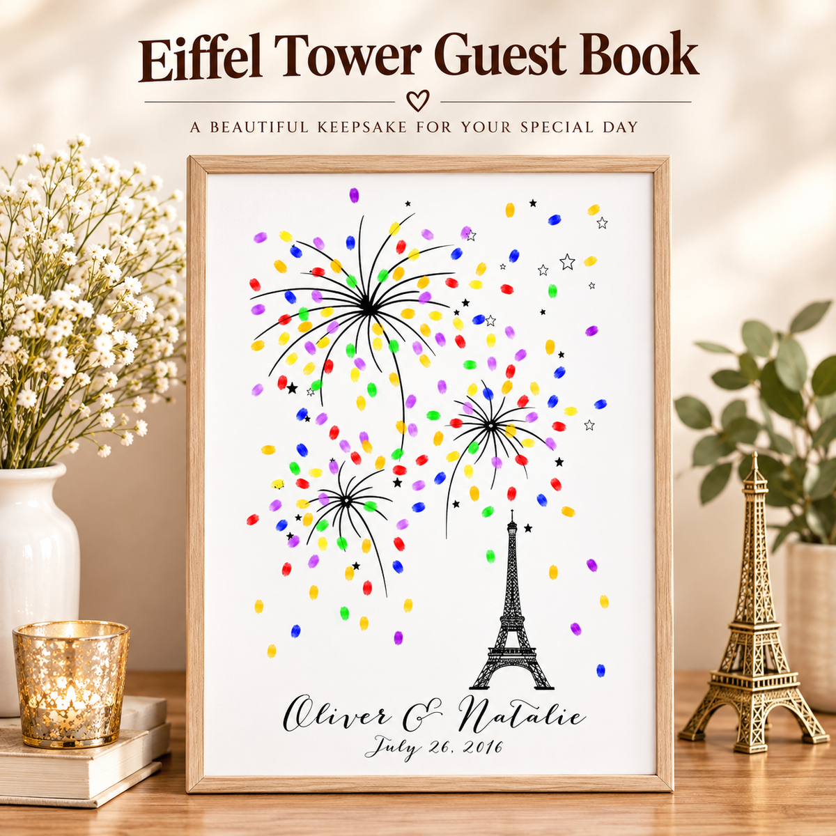Livre d'or à empreintes digitales – Thème Tour Eiffel Paris avec feux d'artifice à empreintes