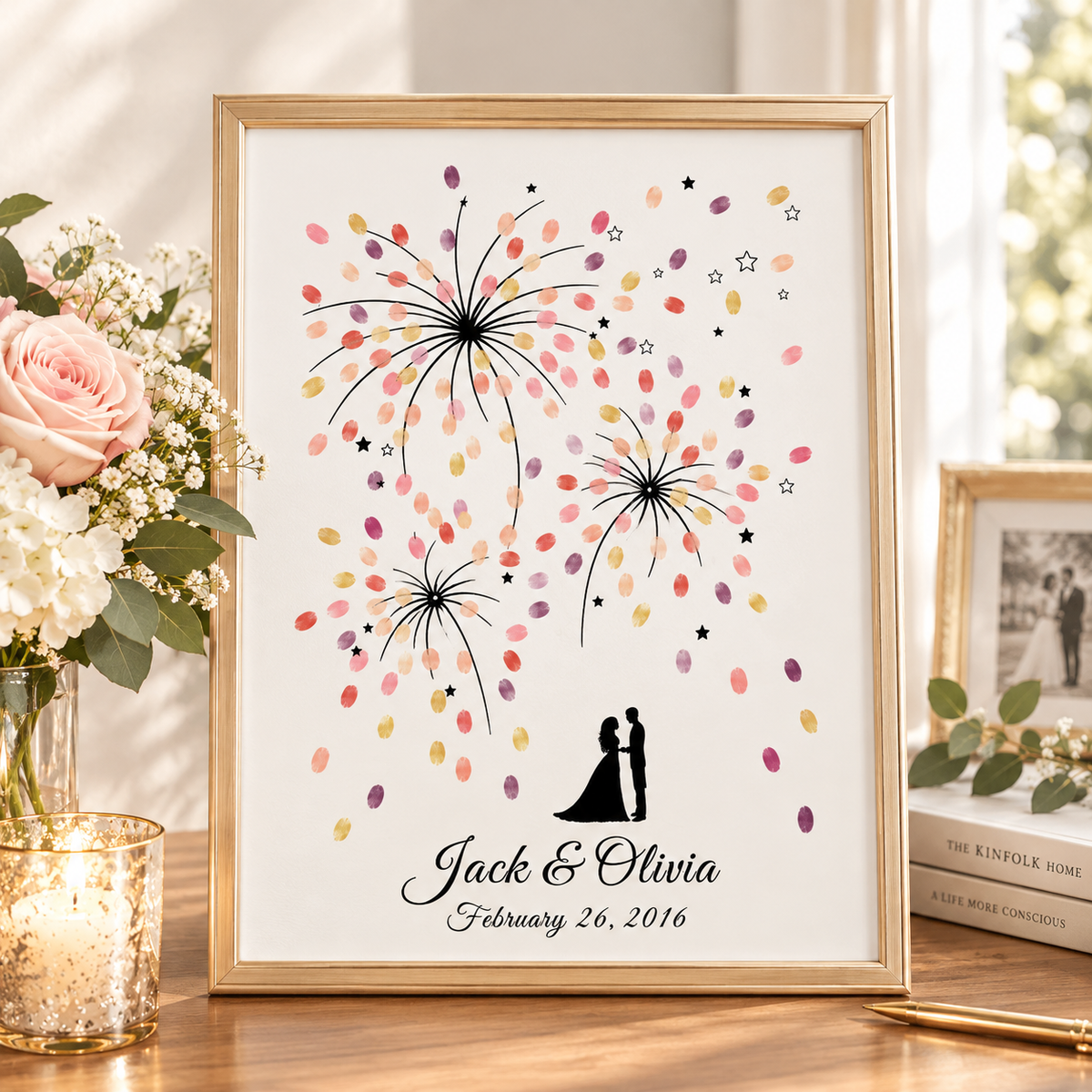 Livre d'or alternatif avec empreintes digitales Feux d'artifice – Souvenir personnalisé pour jeunes mariés